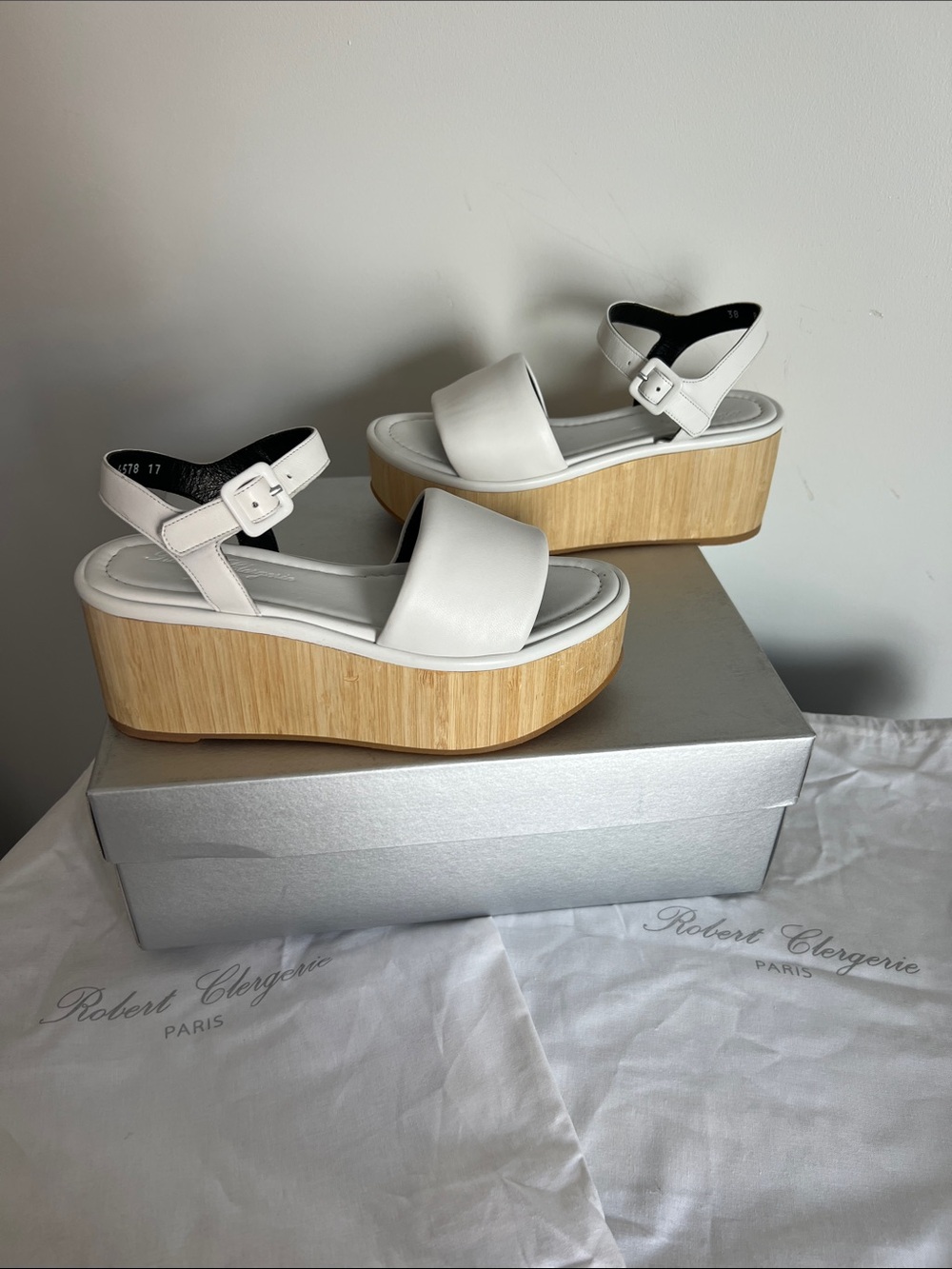 Robert Clergerie white leather buckle platform chunky wooden wedge heels sandals